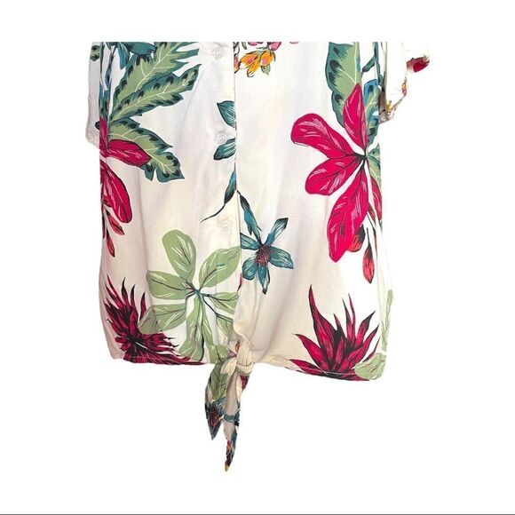 Japna Hawaiian Blouse Tie Waist White Pink Tropical Floral Short Sleeve Women S - Picture 4 of 8